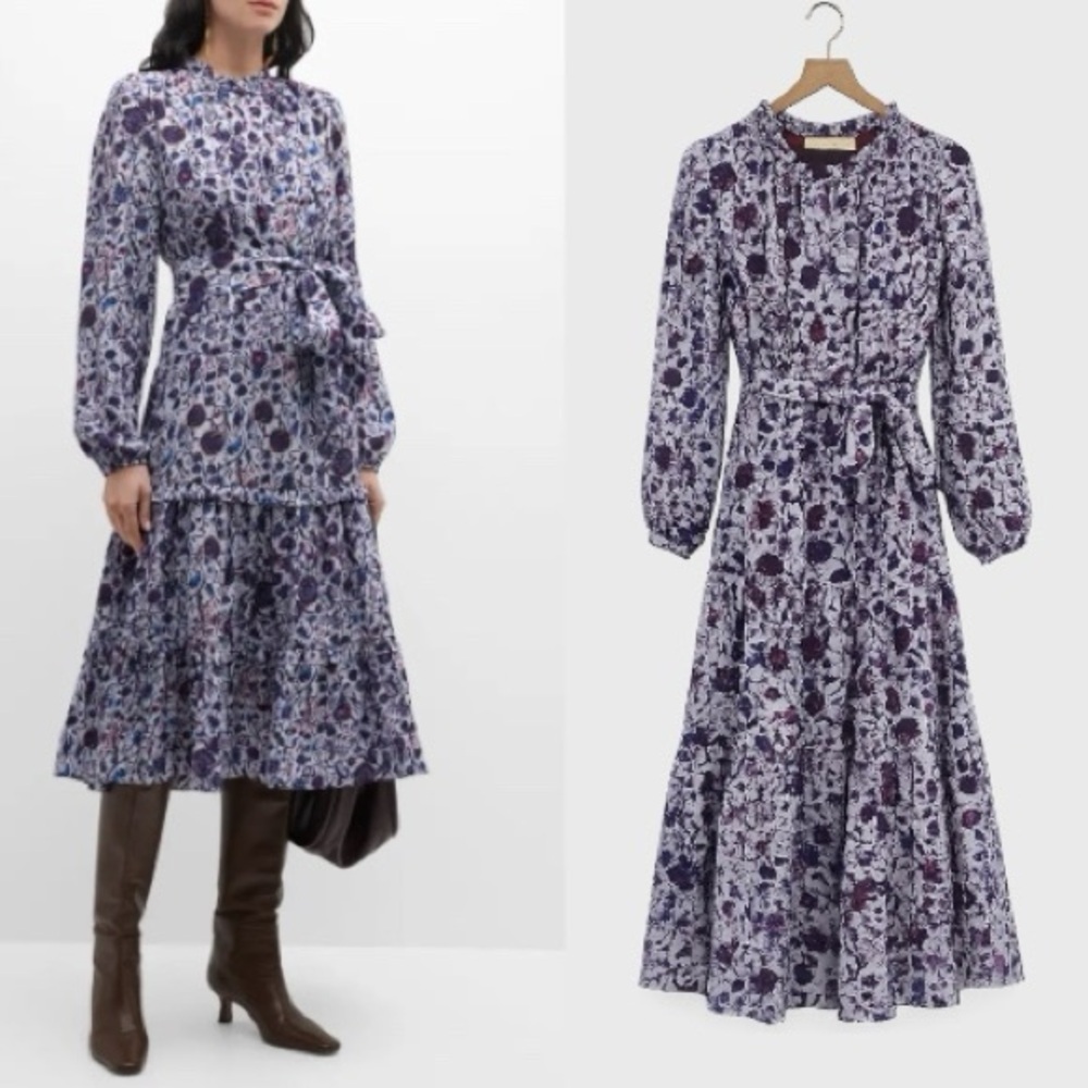 Marie Oliver Rosalie Tiered Midi Dress Lavender Harvest Silk Ruffled Size Large